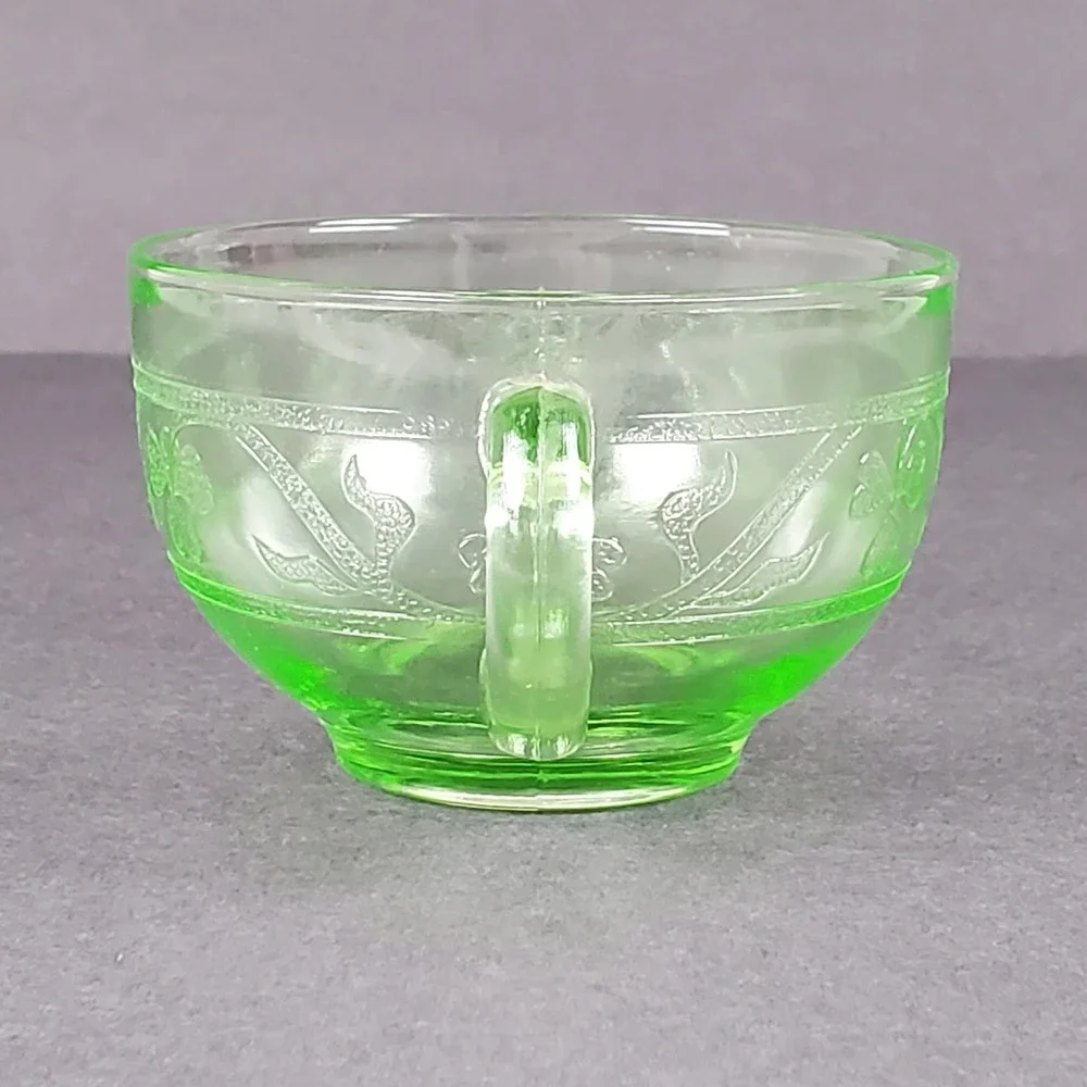 Hazel-Atlas Cloverleaf Green Uranium Depression Glass Tea Cup and Saucer Set
